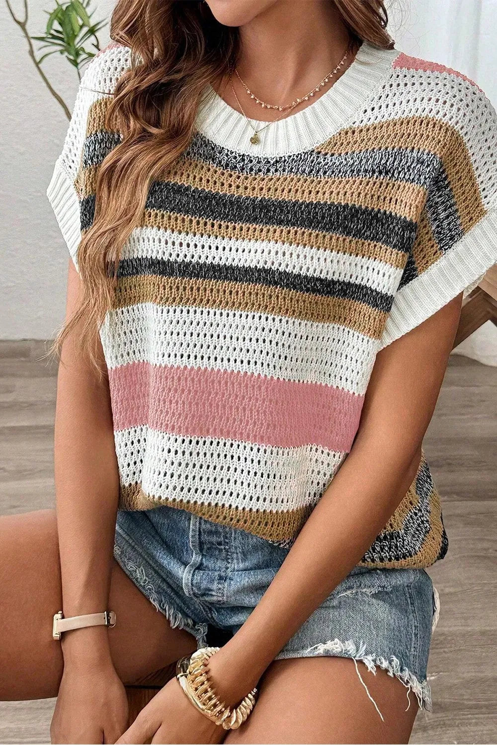 Stripe Color Block Eyelet Knit Short Sleeve Knit Top - adritiX