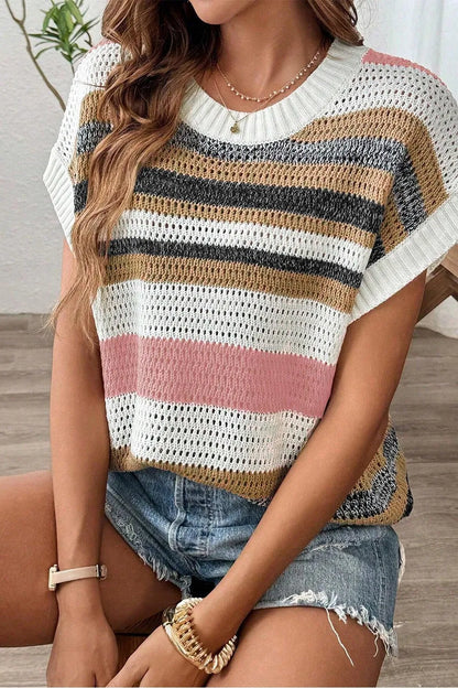 Stripe Color Block Eyelet Knit Short Sleeve Knit Top - adritiX