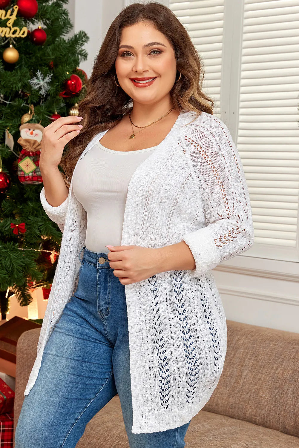 Plus Size Openwork Open Front Long Sleeve Cardigan - adritiX