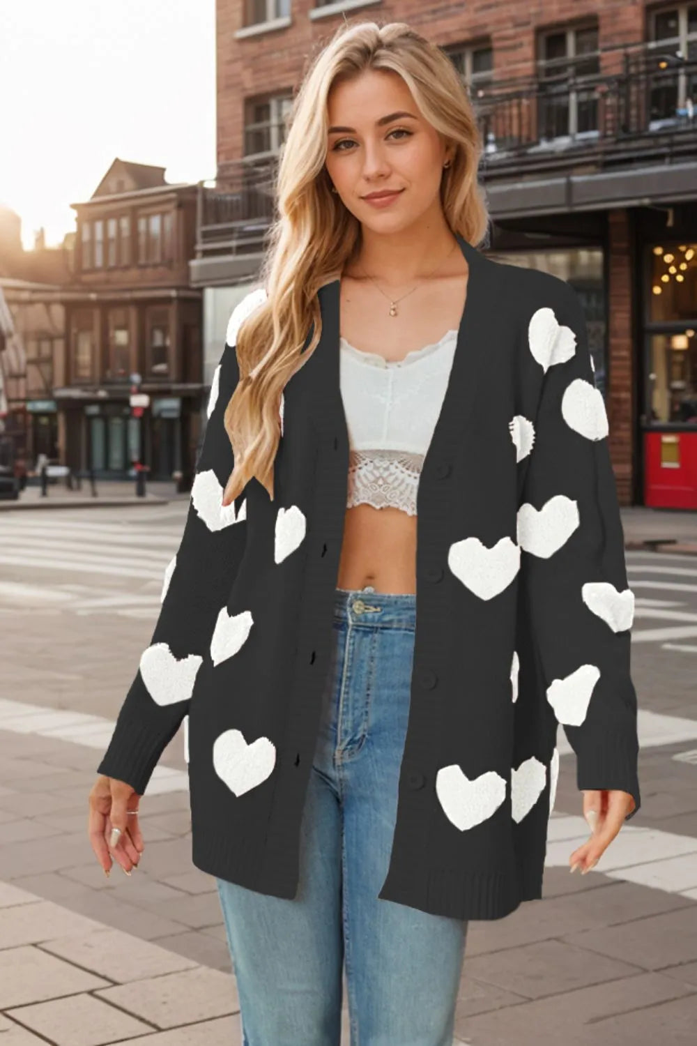 Heart Button Down Long Sleeve Cardigan - adritiX