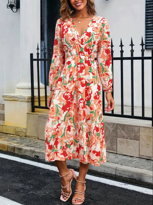 Floral Long Sleeve Wrap Midi Dress - adritiX