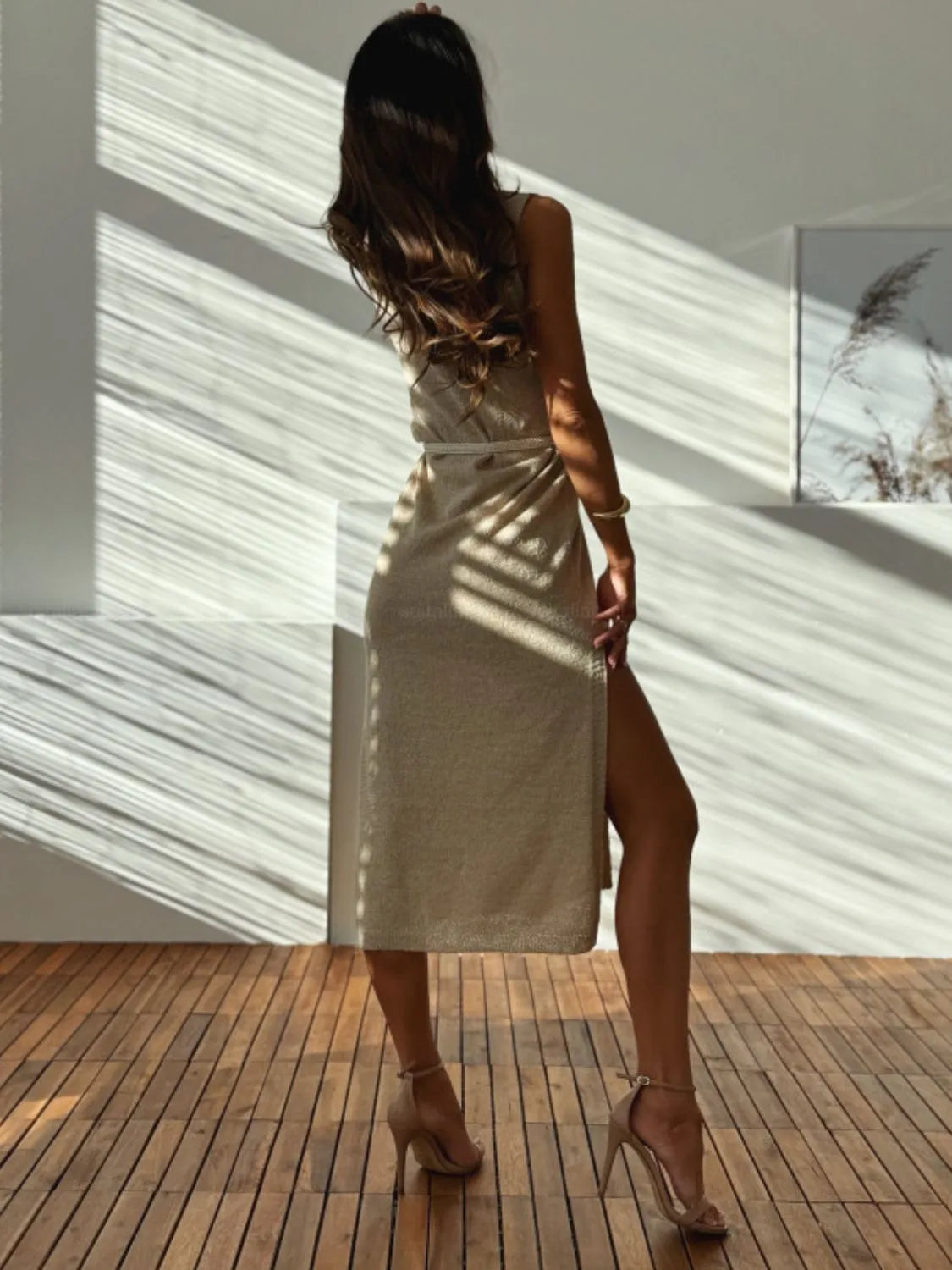 Slit V-Neck Sleeveless Sweater Dress - adritiX