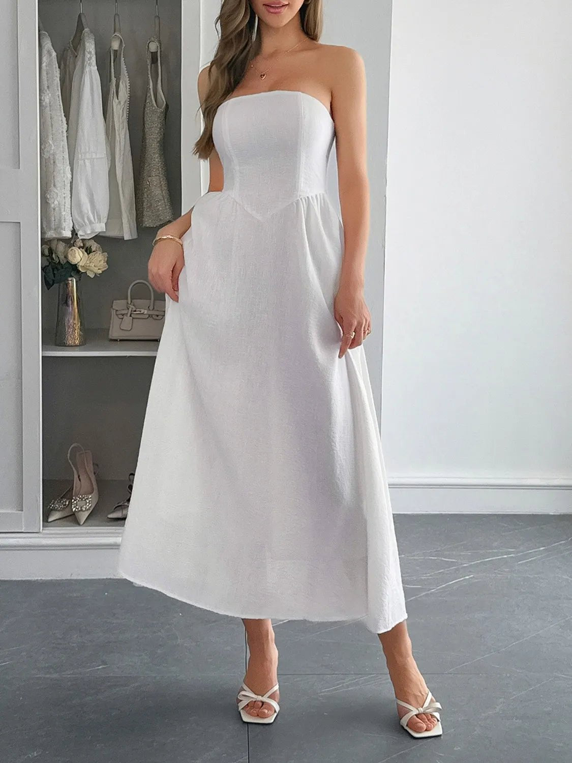 Strapless A-Line Midi Dress with Pockets - adritiX