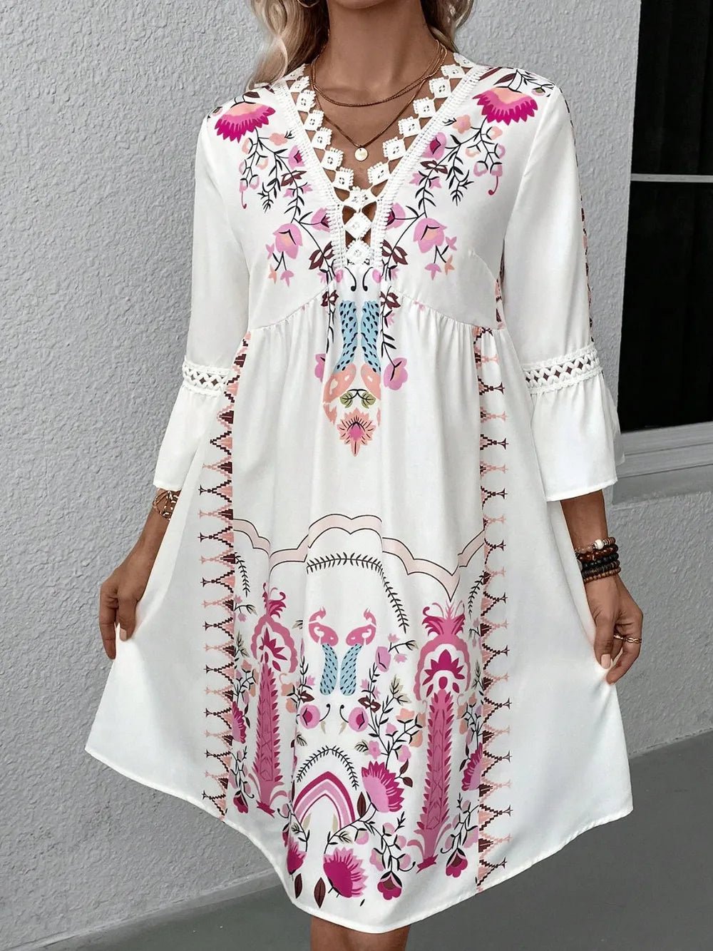 Lace Detail Printed Three-Quarter Sleeve Dress - adritiX