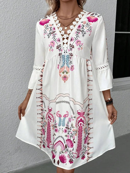 Lace Detail Printed Three-Quarter Sleeve Dress - adritiX