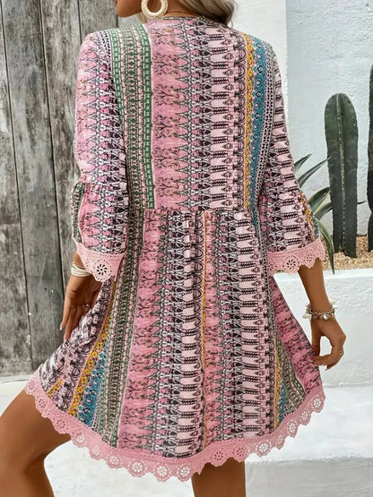 Elegant Lace Trim Printed V-Neck 3/4 Sleeve Dress - adritiX