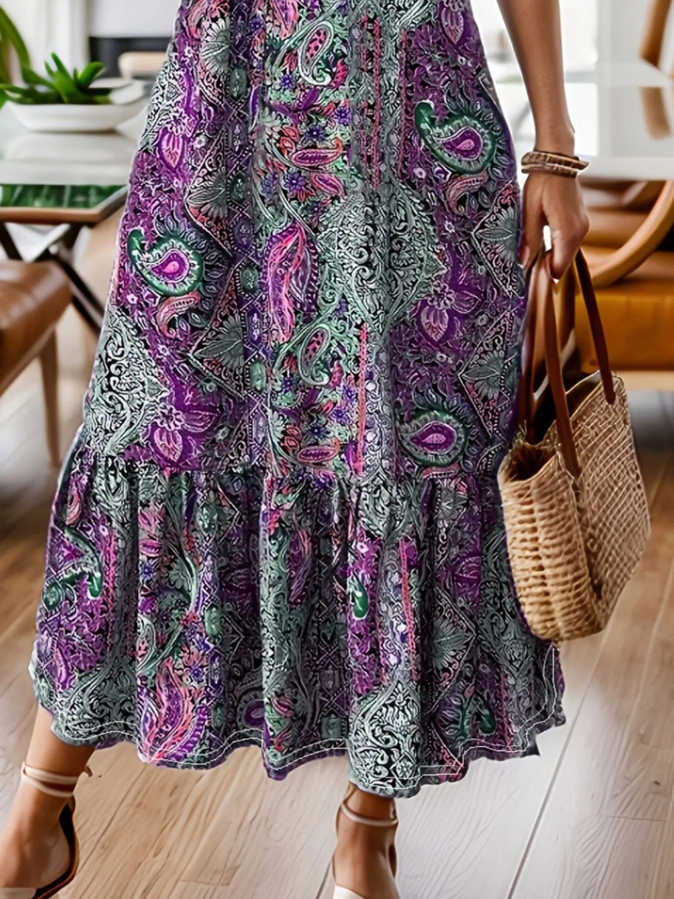 Full Size Bohemian Paisley Print Ruffle Hem Midi Dress Plus Size - adritiX