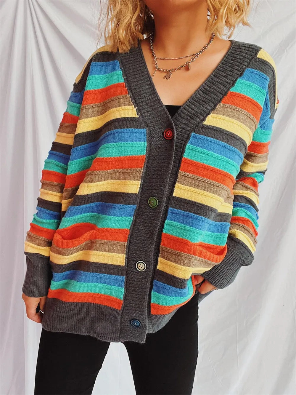 Contrast Stripes Button Up Long Sleeve Cardigan - adritiX