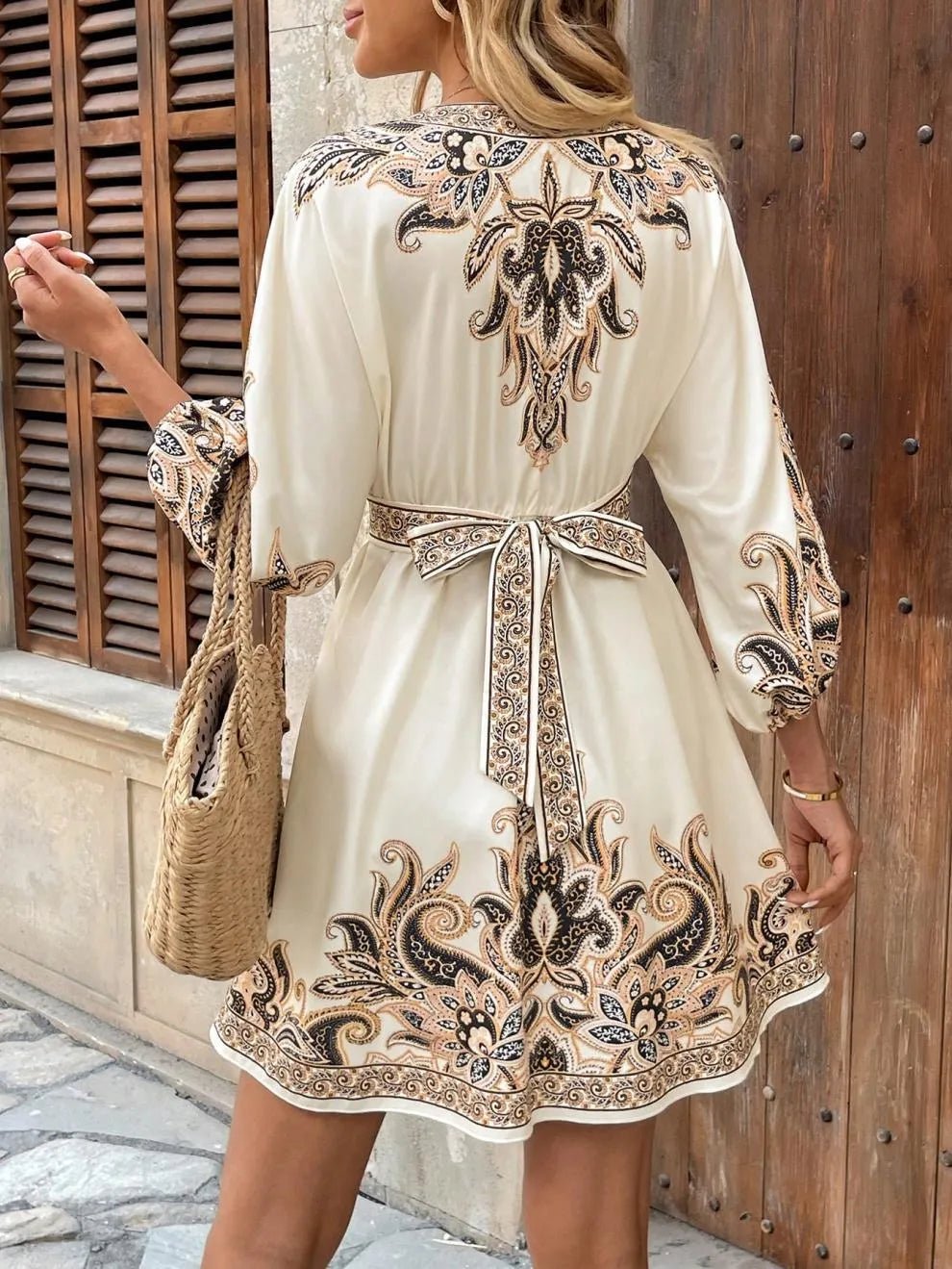 Paisley V-Neck 3/4 Sleeve Mini Dress - adritiX