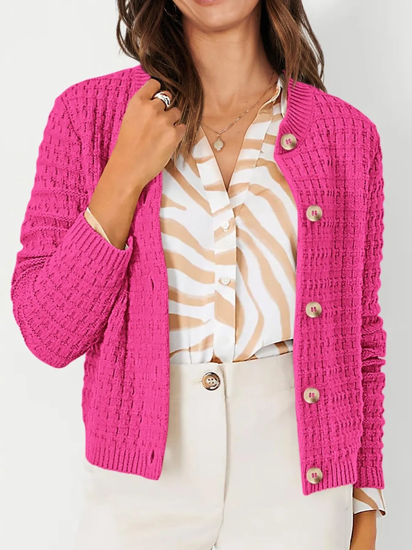 Elegant Textured Knit Button-Front Cardigan - adritiX