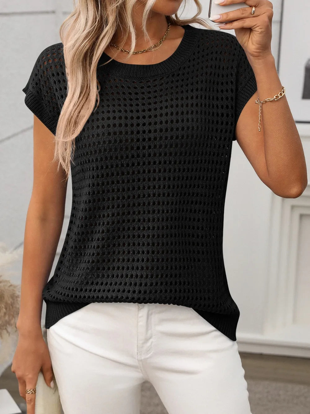 Openwork Round Neck Short Sleeve Knit Cover Up - adritiX