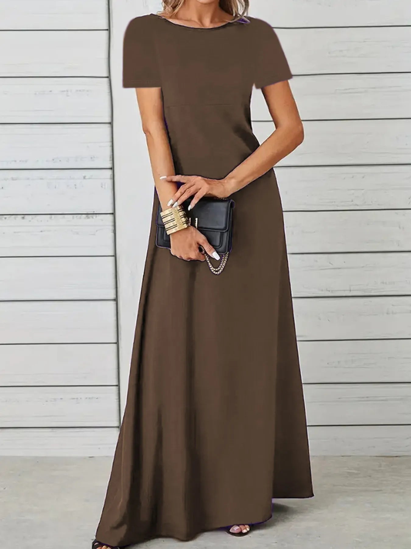 Full Size Round Neck Short Sleeve A-Line Maxi Dress Plus Size - adritiX