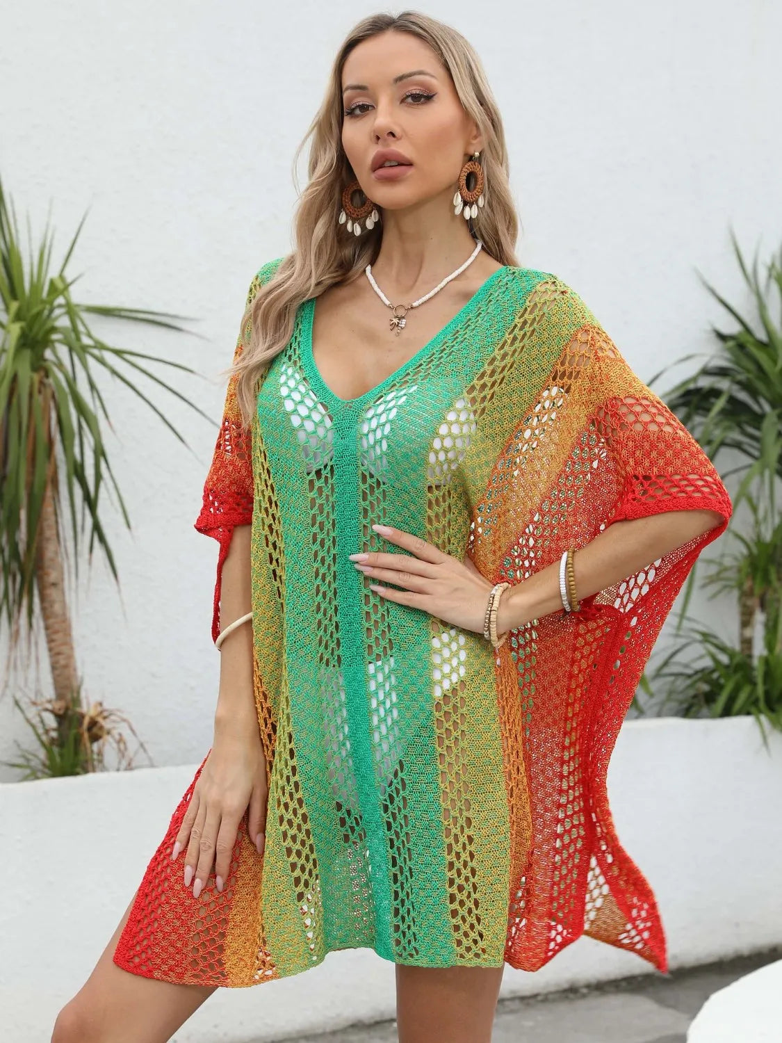 Rainbow Gradient Crochet Beach Cover Up - adritiX