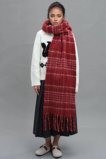 Fringe Plaid Thermal Scarf - adritiX