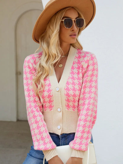 Houndstooth Button Up Long Sleeve Cardigan - adritiX