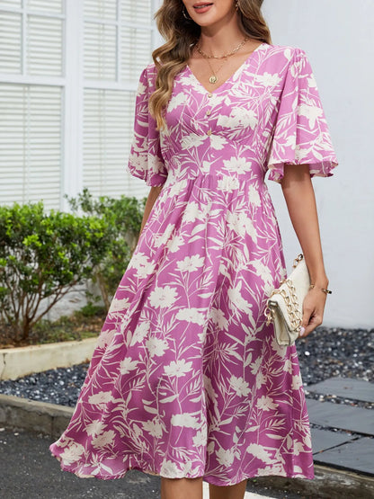 Floral Flutter Sleeve V-Neck Summer Midi Dress - adritiX