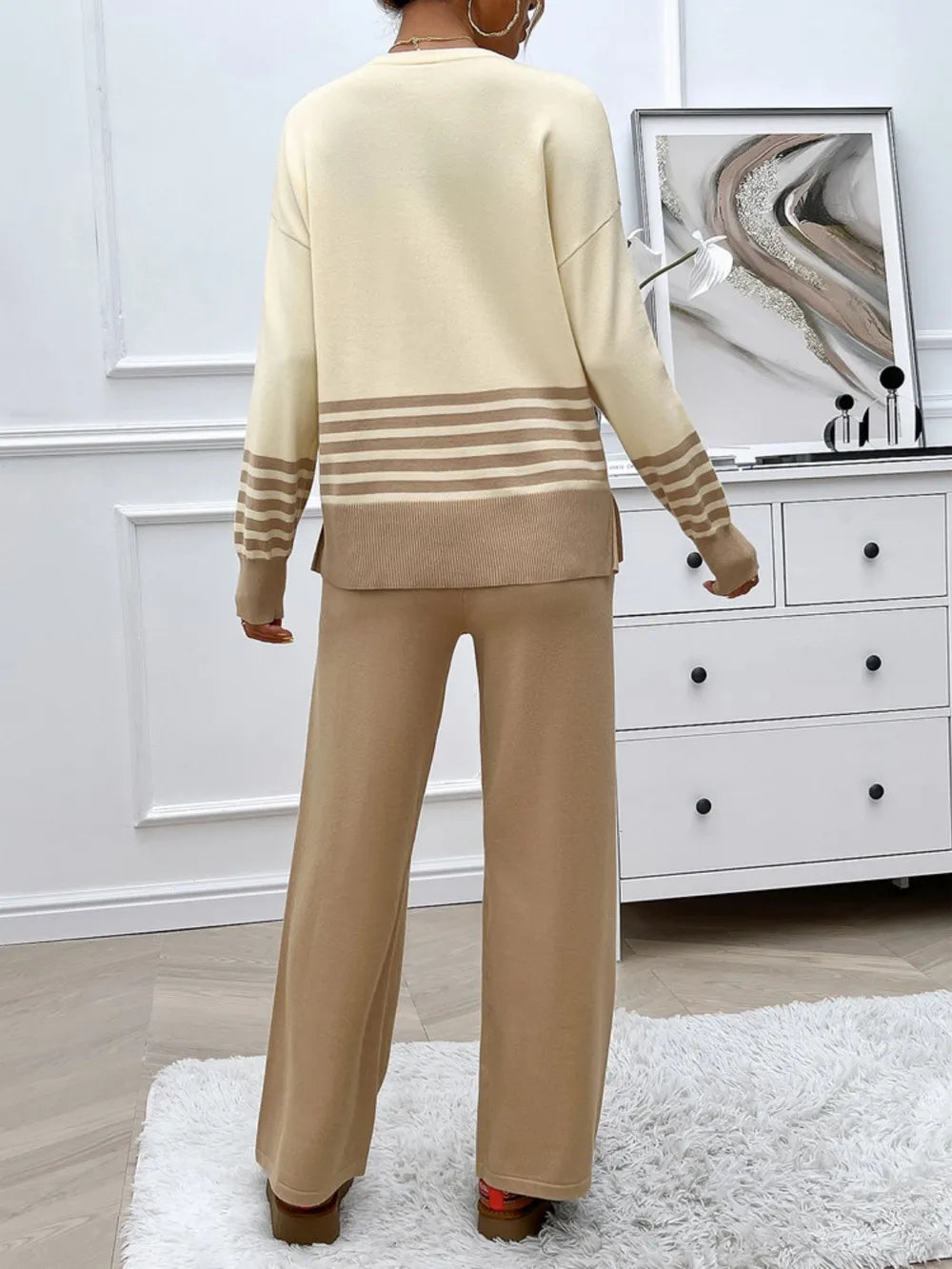 Elegant Devine Slit Striped Round Neck Top and Pants Sweater Set - adritiX