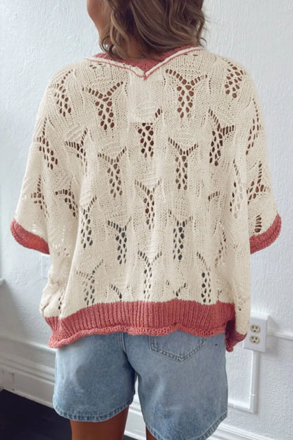 Openwork Flower Half Sleeve Knit Top - adritiX