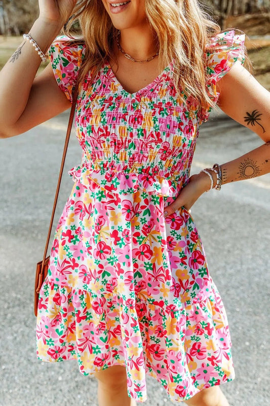 Smocked Floral V-Neck Ruffled Cap Sleeve Dress - adritiX