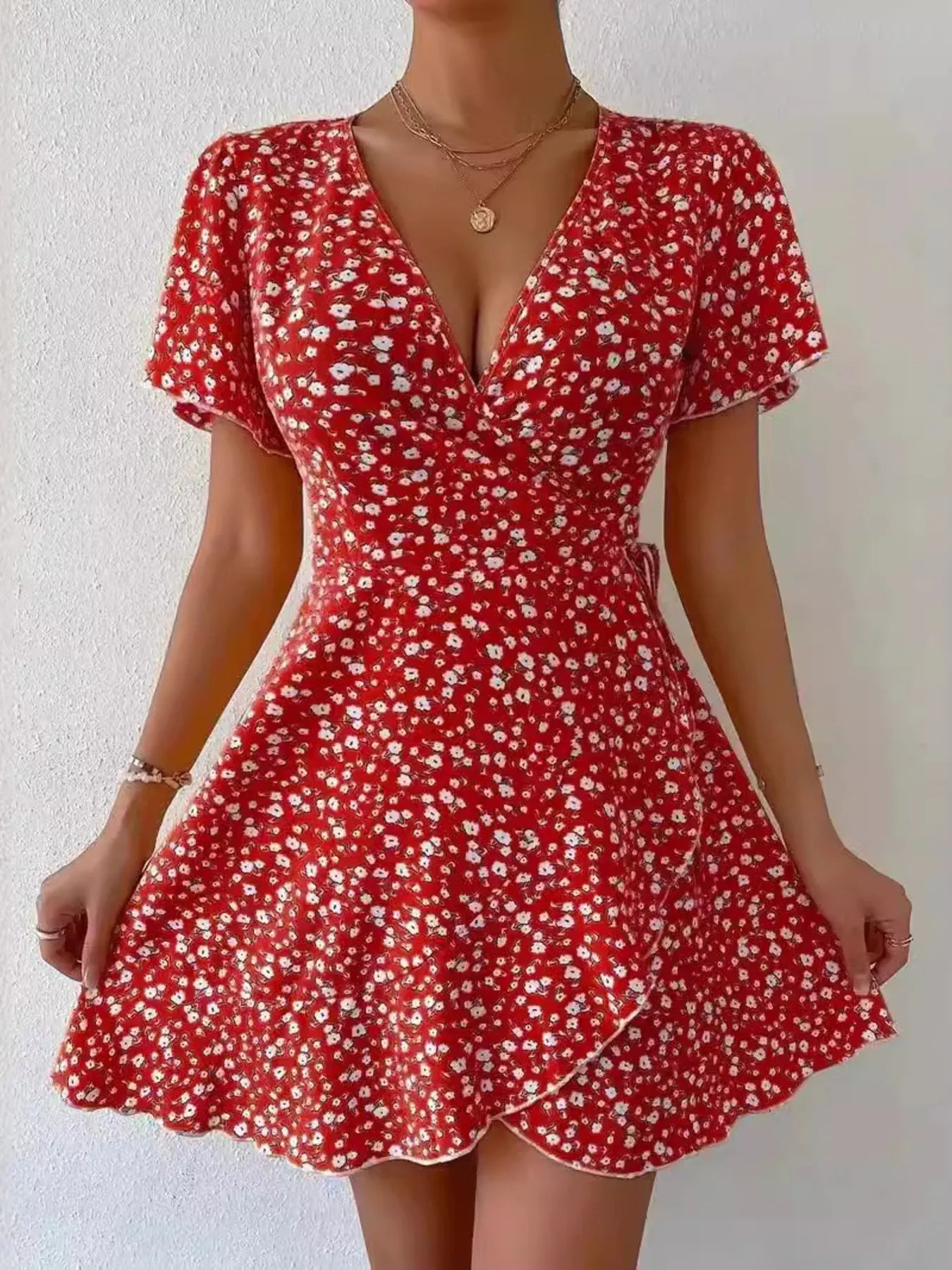 Floral Flutter Sleeve Wrap Mini Dress - adritiX