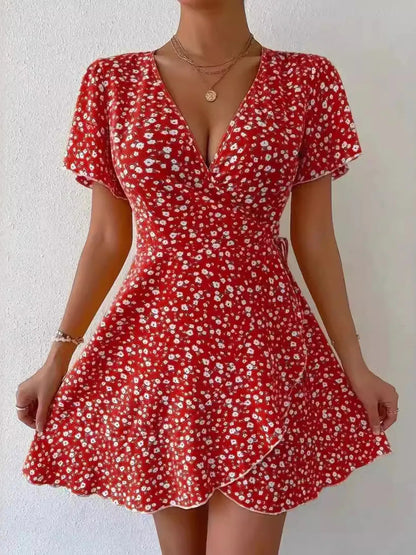 Floral Flutter Sleeve Wrap Mini Dress - adritiX