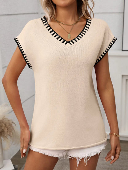 Contrast Trim V-Neck Knit Top - adritiX