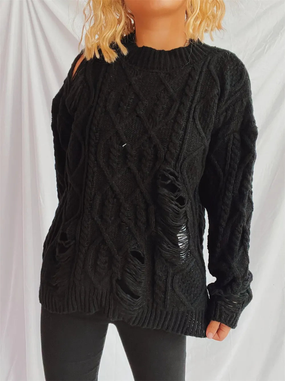 Distressed Cable-Knit Round Neck Long Sleeve Sweater - adritiX