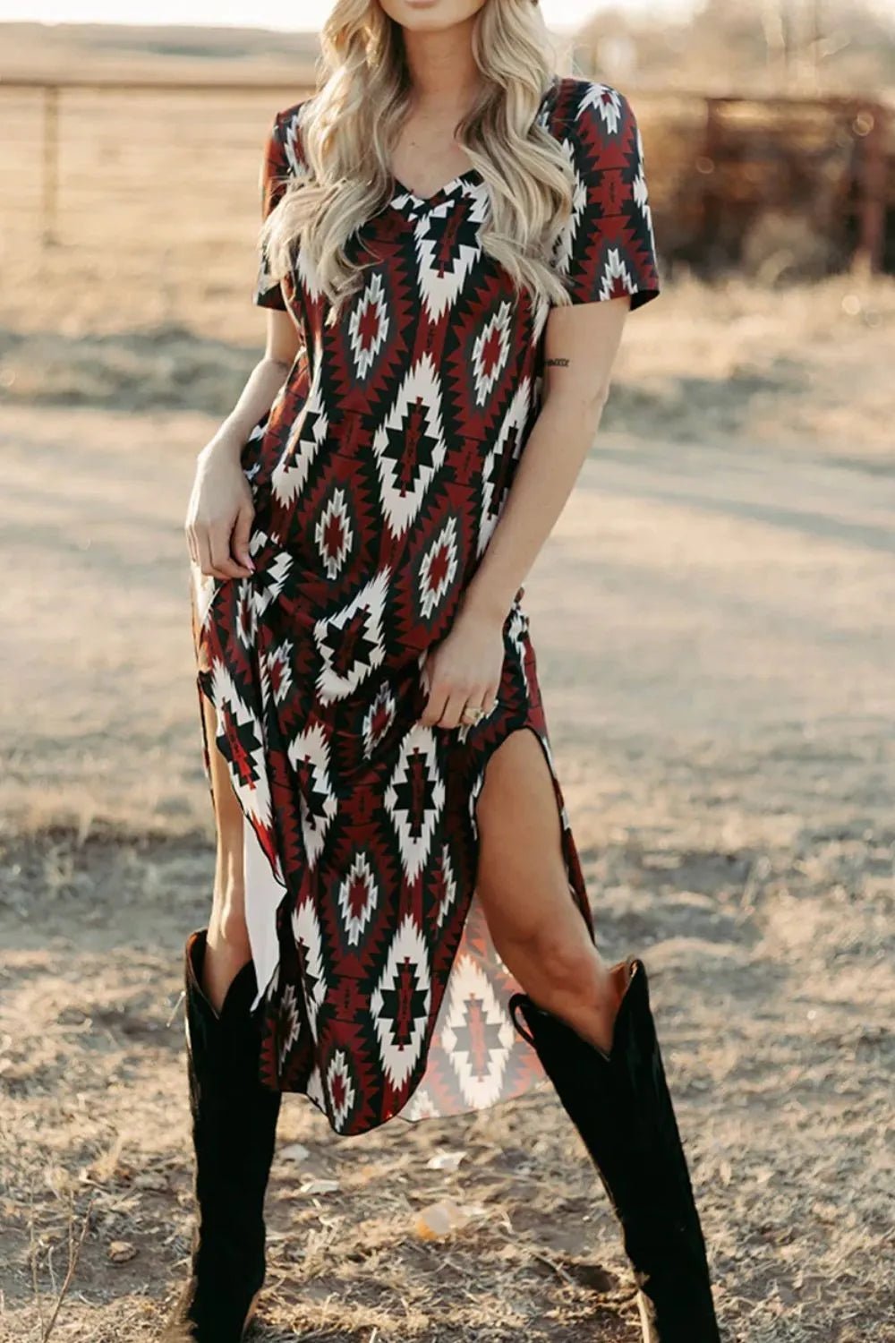 Aztec Print V-Neck Midi Dress - adritiX