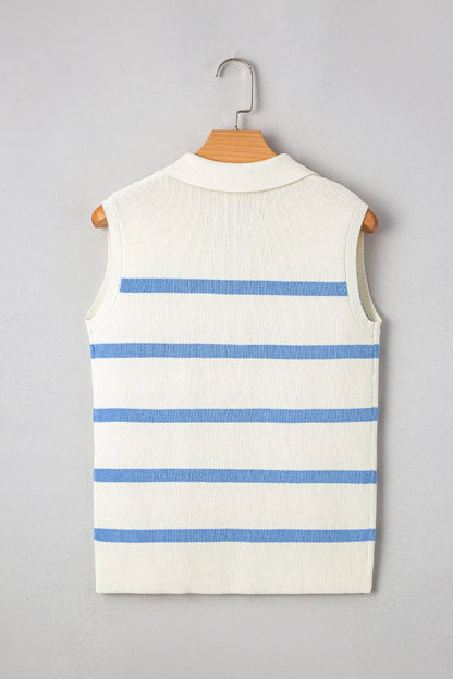 Stripe Split V Neck Collared Ribbed Sweater Vest - adritiX