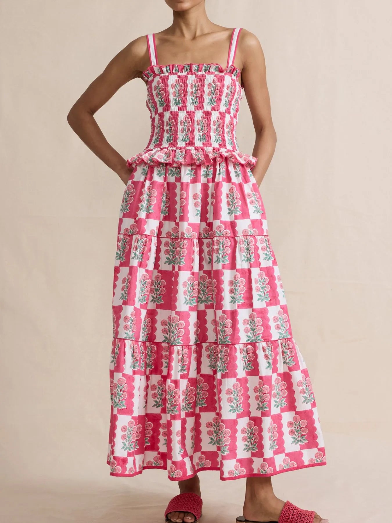 Bohemian Floral Print Smocked Tiered Maxi Dress - adritiX