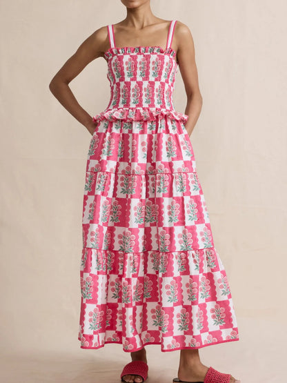 Bohemian Floral Print Smocked Tiered Maxi Dress - adritiX