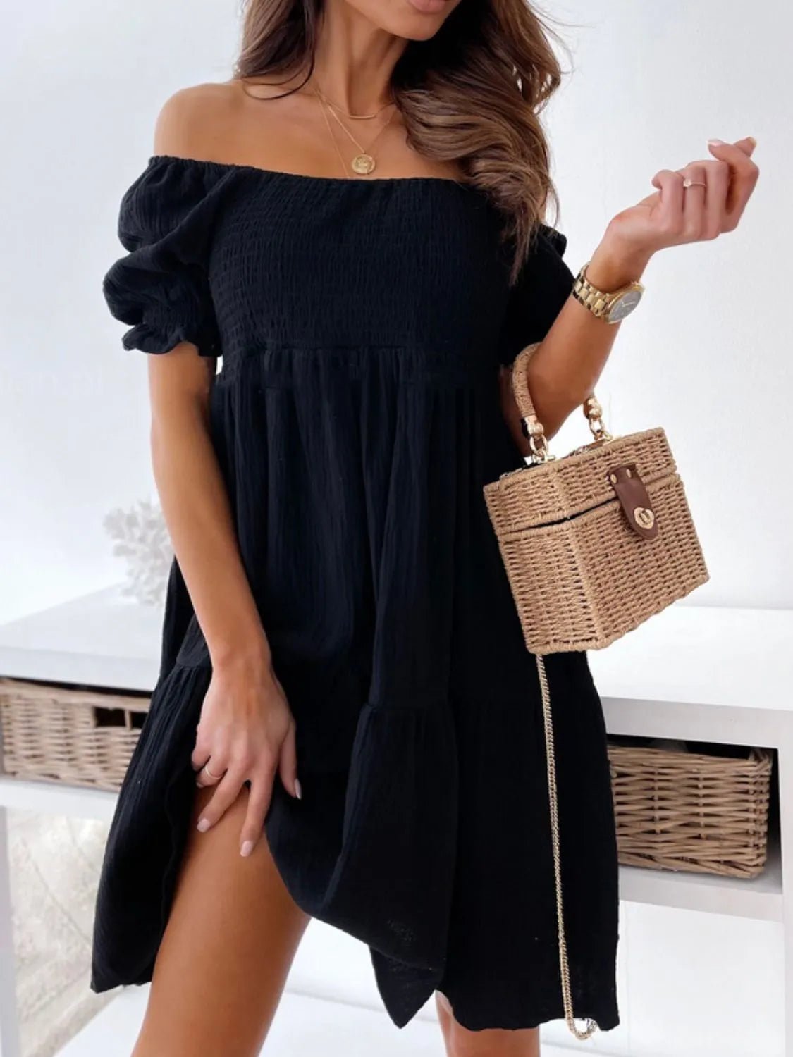 Smocked Off-Shoulder Mini Dress - adritiX