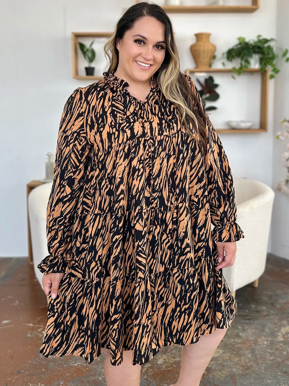 Double Take Full Size Printed Ruffle Hem Long Sleeve Dress - adritiX