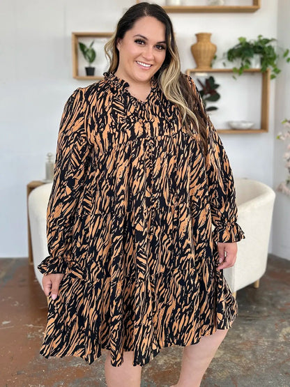 Double Take Full Size Printed Ruffle Hem Long Sleeve Dress - adritiX