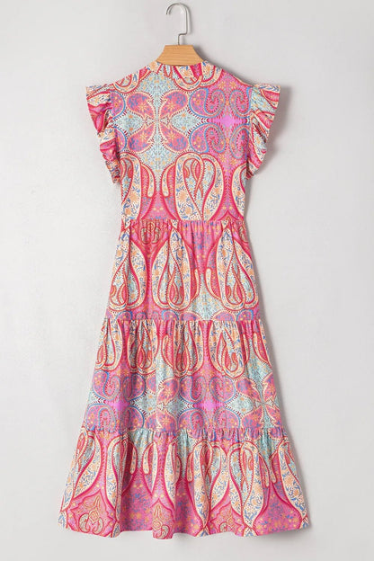 Tribal Paisley Print Ruffled Sleeve Notch Neck Midi Dress - adritiX