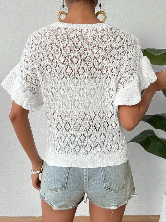 Ruffled Openwork Round Neck Knit Top - adritiX