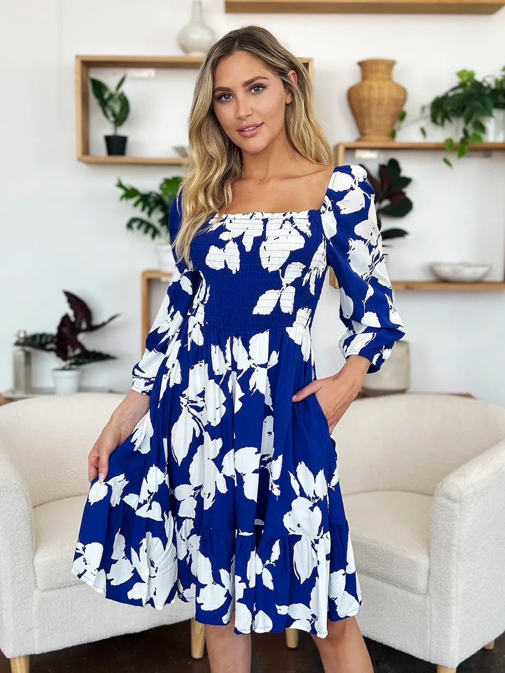 Double Take Full Size Floral Ruffle Hem Smocked Dress with Pockets - adritiX