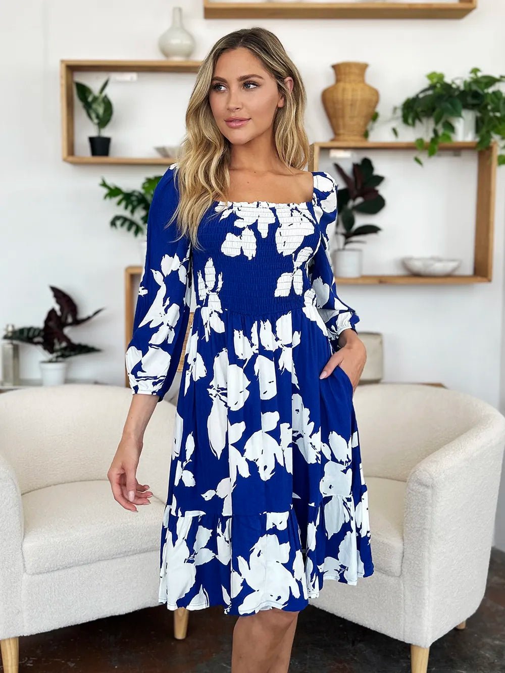 Double Take Full Size Floral Ruffle Hem Smocked Dress with Pockets - adritiX