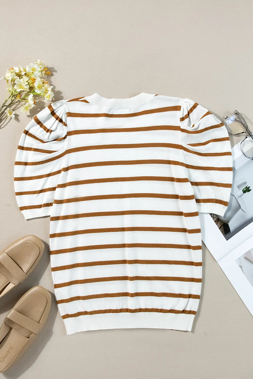 Striped Round Neck Puff Sleeve Knit Top - adritiX