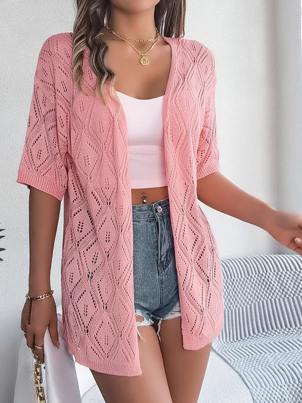 Openwork Open Front Half Sleeve Cardigan - adritiX