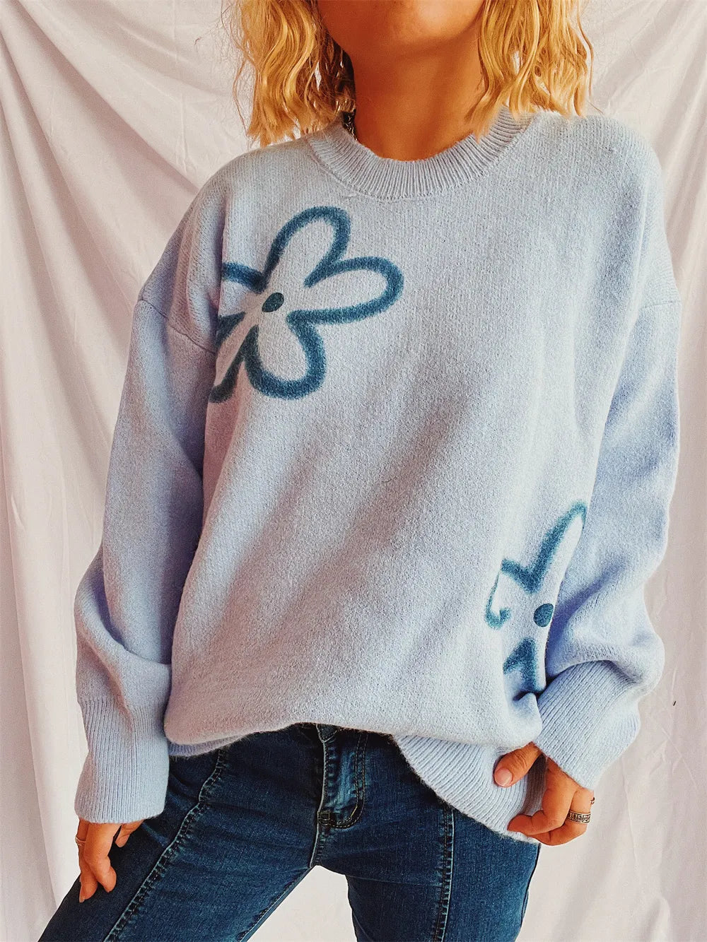 Flower Round Neck Long Sleeve Sweater - adritiX