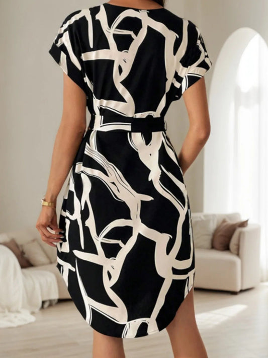 Abstract Print Belted Short Sleeve Midi Dress - adritiX
