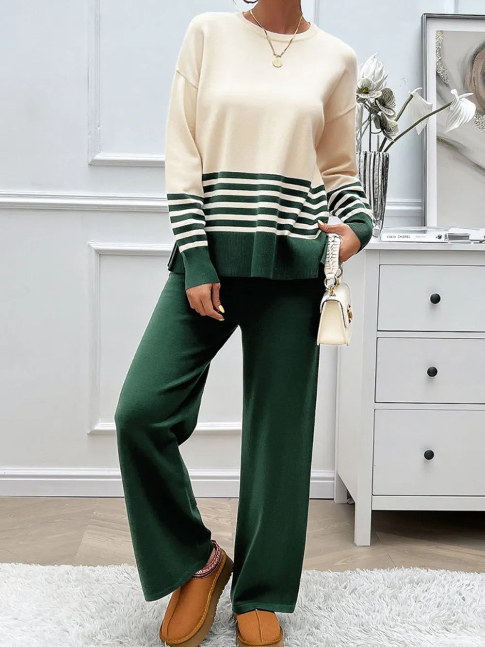 Elegant Devine Slit Striped Round Neck Top and Pants Sweater Set - adritiX