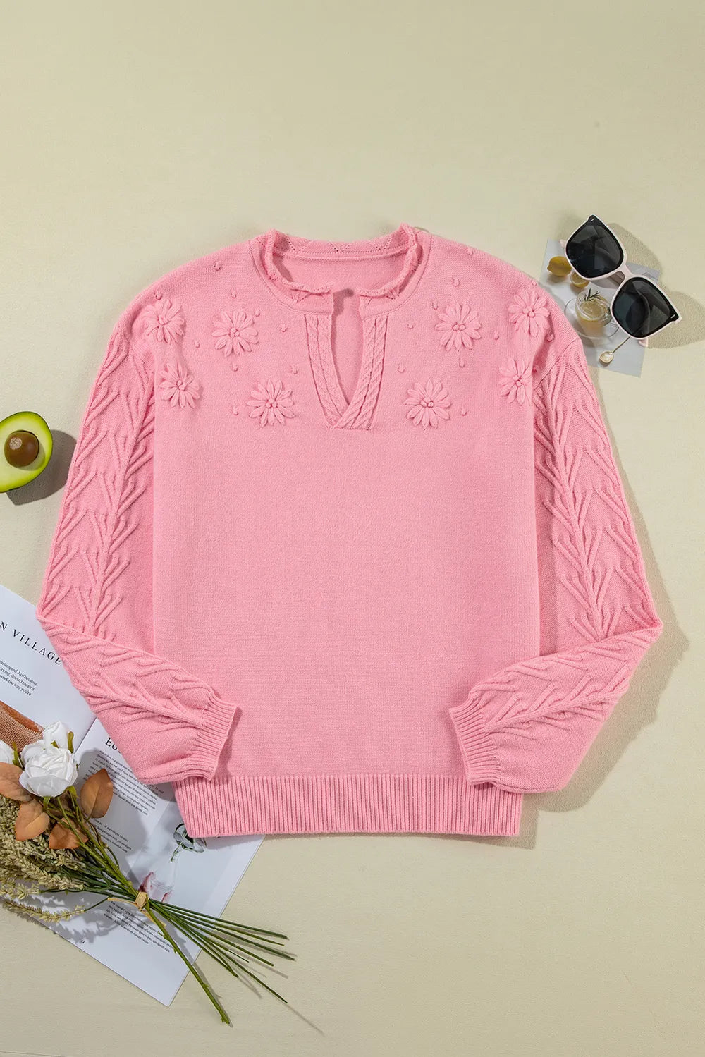 Daisy Notched Long Sleeve Sweater - adritiX
