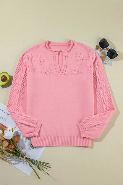 Daisy Notched Long Sleeve Sweater - adritiX