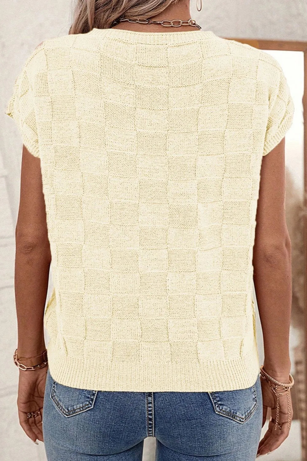 Pocketed Checkered Round Neck Knit Top - adritiX