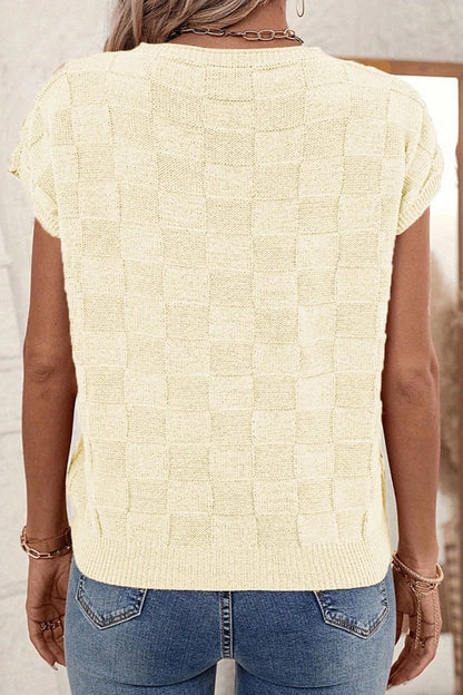 Pocketed Checkered Round Neck Knit Top - adritiX