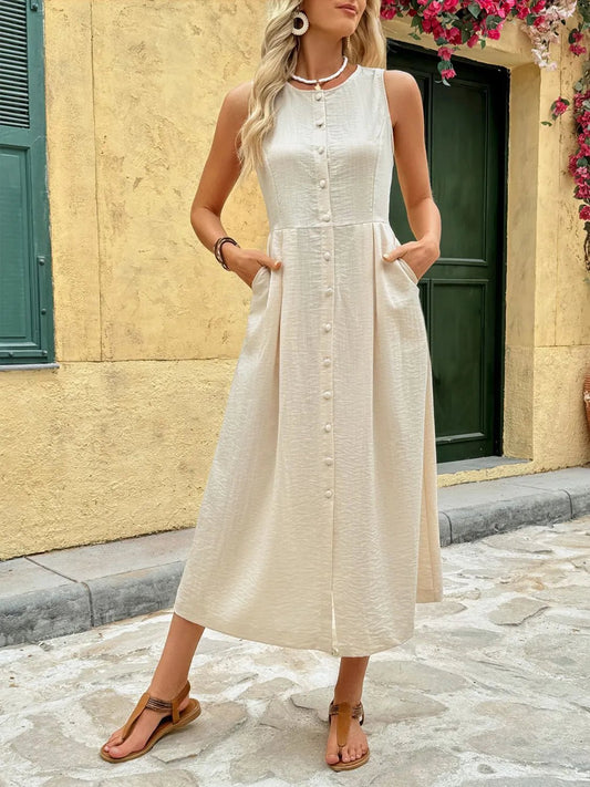 Round Neck Sleeveless Midi Dress - adritiX