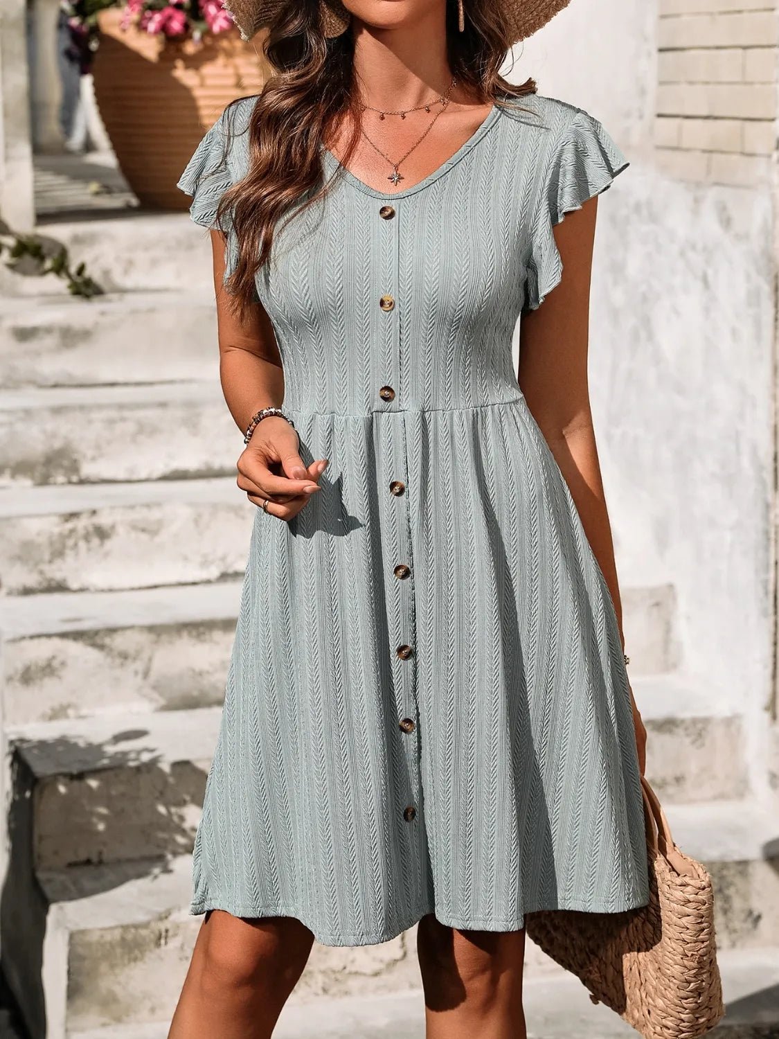 V-Neck Ruffled Cap Sleeve Dress - adritiX