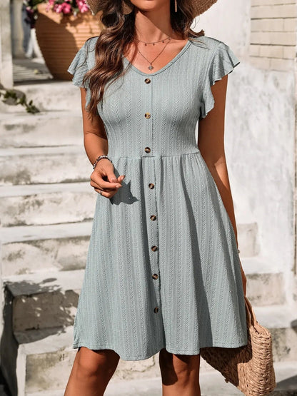V-Neck Ruffled Cap Sleeve Dress - adritiX